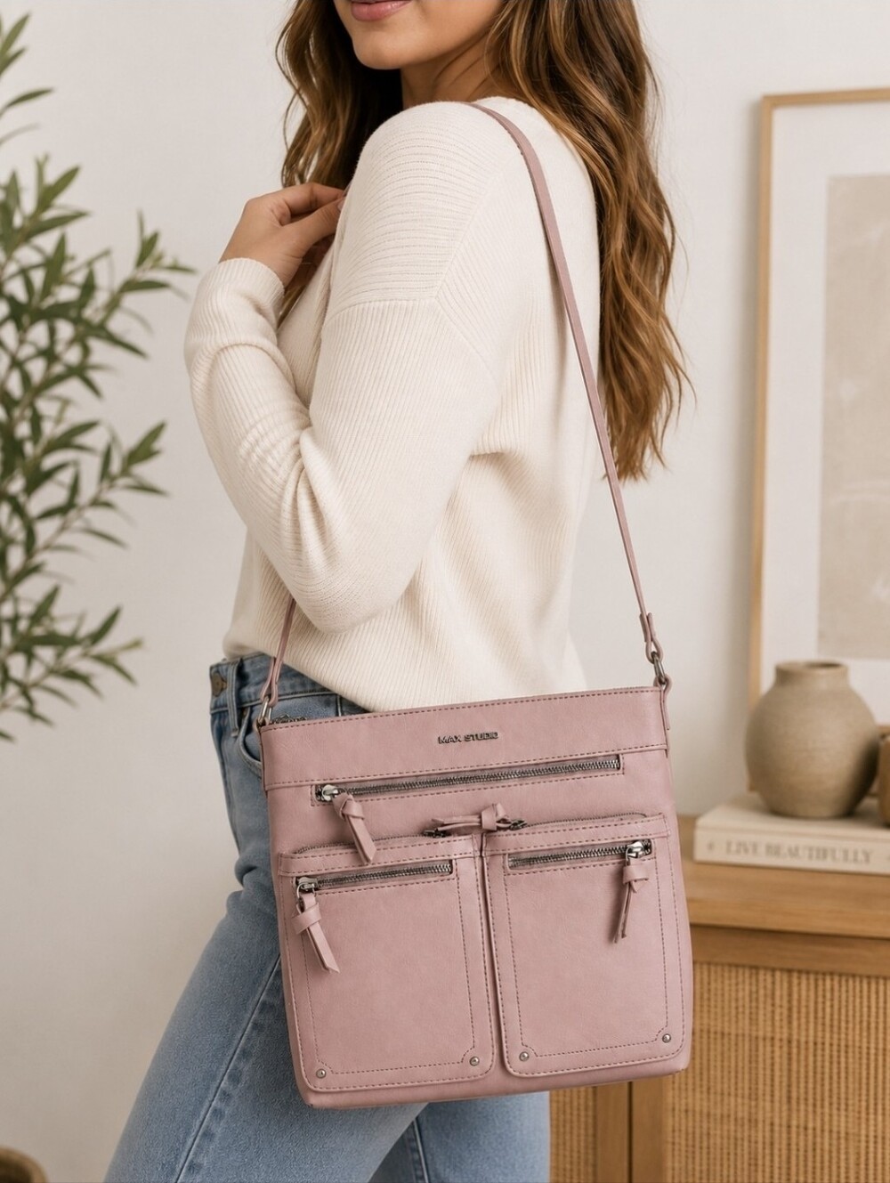 Max Studio Dusty Pink Crossbody Bag with Front Zip Pockets